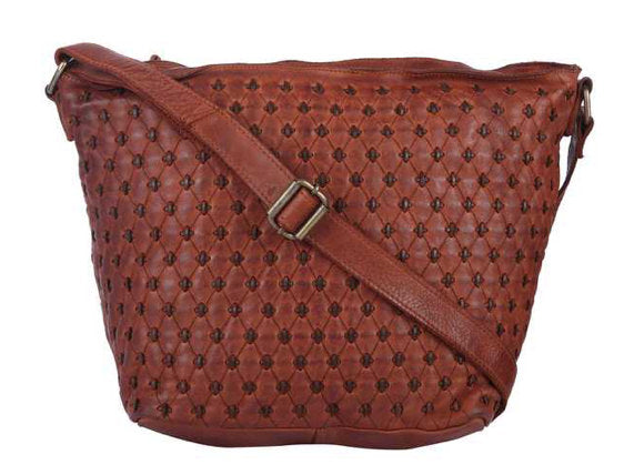 KOMPANERO Italian Woven Cognac Leather Tote Bag CROSSBODY